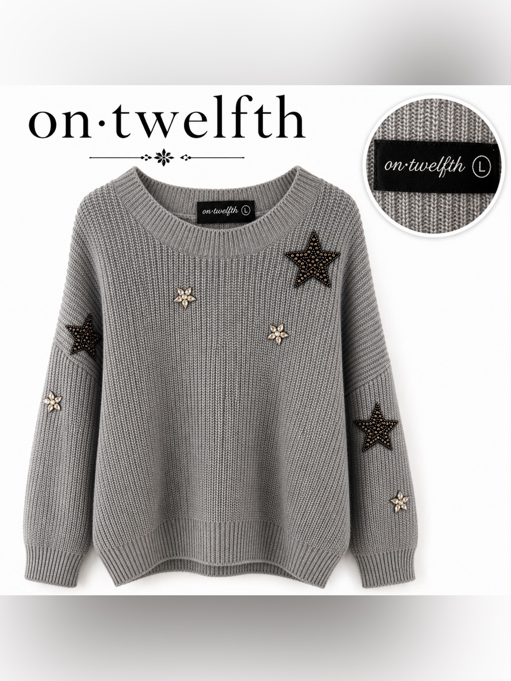 On·Twelfth Gray Embellished Crewneck Sweater